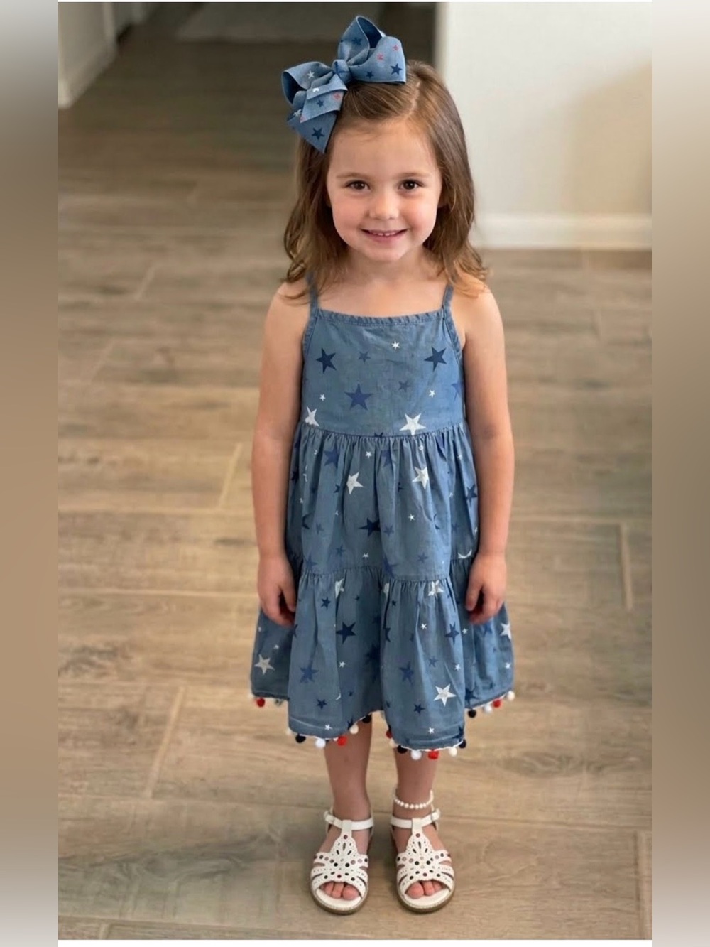 Tommy Bahama Blue Star Print Tiered Sundress with Pom Trim Little Girls 6